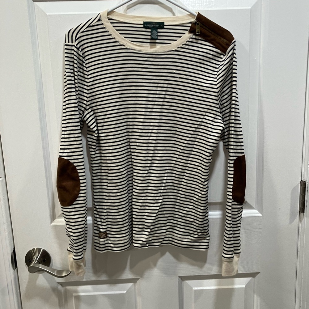 Polo Ralph Lauren Black and White Striped Long Sleeve Top with Brown Accents